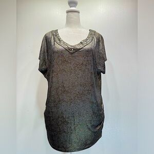 Rock & Republic Shimmery Gray with Metallic Gold Studded V Neck Top Size Small